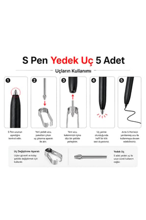 Tüm Samsung Note / S Pen Dokunmatik Kalem Ucu ile Uyumlu Yedek Kalem Ucu 5 Adet + Çıkartma Aparatı