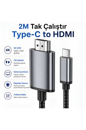 Type-C to HDMI Kablo 2 Metre 4K UHD Görüntü Aktarım Kablosu Tak Çalıştır TV Monitör Telefon MacBook Laptop Tablet Uyumlu