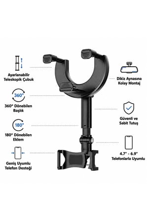 Dikiz Aynası Telefon Tutucu 4.7 - 6.9 inç 360° Dönebilen Teleskopik Ayarlanabilir Araç İçi Telefon Standı Universal Güçlü Sabitlenebilir Cep Telefonu Tutacağı