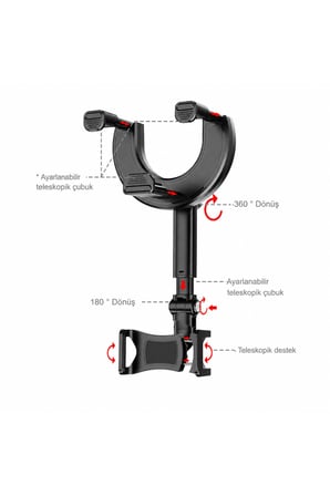Dikiz Aynası Telefon Tutucu 4.7 - 6.9 inç 360° Dönebilen Teleskopik Ayarlanabilir Araç İçi Telefon Standı Universal Güçlü Sabitlenebilir Cep Telefonu Tutacağı