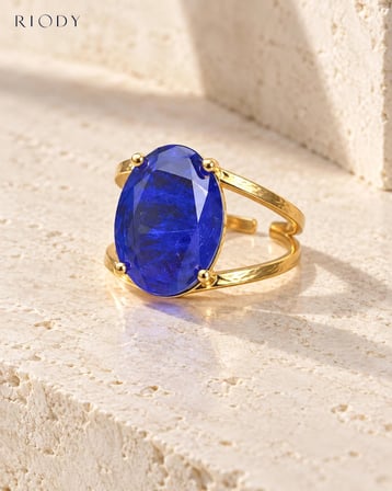 RiODY Regard Bleu Gold Kaplama Mavi Kedi Gözü Doğal Taşlı Ayarlanabilir Kadın Yüzük
