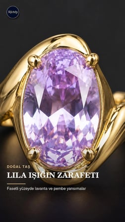 RiODY Aube Violette Gold Kaplama Doğal Lila Kedi Gözü Taşlı Açık Form Kadın Yüzük