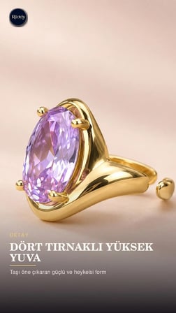 RiODY Aube Violette Gold Kaplama Doğal Lila Kedi Gözü Taşlı Açık Form Kadın Yüzük