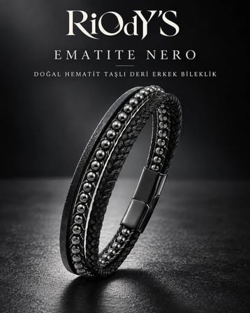 RiOdY'S Ematite Nero Erkek Bileklik Doğal Hematit Taşlı Siyah Deri Çelik Kilit