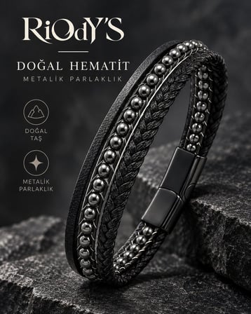 RiOdY'S Ematite Nero Erkek Bileklik Doğal Hematit Taşlı Siyah Deri Çelik Kilit