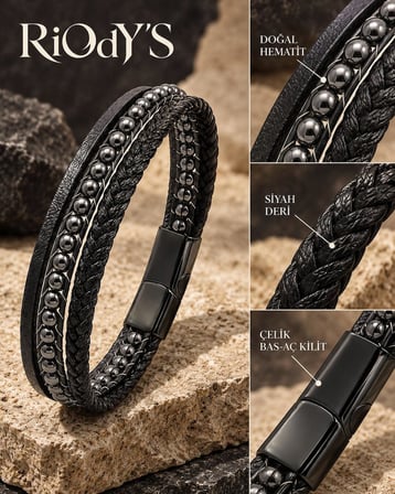 RiOdY'S Ematite Nero Erkek Bileklik Doğal Hematit Taşlı Siyah Deri Çelik Kilit