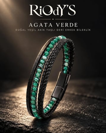 RiOdY'S Agata Verde Erkek Bileklik Doğal Yeşil Akik Taşlı Siyah Deri Çelik Kilit