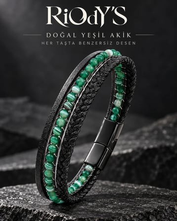 RiOdY'S Agata Verde Erkek Bileklik Doğal Yeşil Akik Taşlı Siyah Deri Çelik Kilit