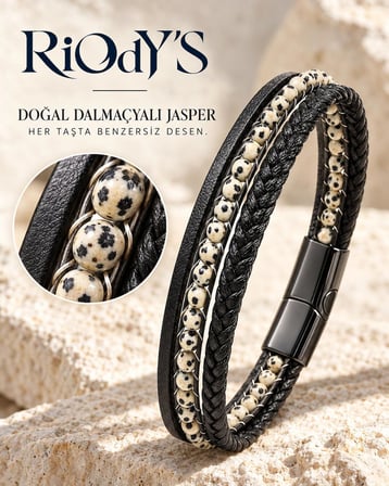 RiOdY'S Dalmata Erkek Bileklik Doğal Dalmaçyalı Jasper Taşlı Siyah Deri Çelik Kilit