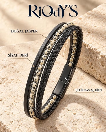 RiOdY'S Dalmata Erkek Bileklik Doğal Dalmaçyalı Jasper Taşlı Siyah Deri Çelik Kilit