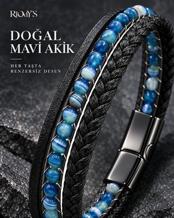 RiOdY'S Agata Blu Erkek Bileklik Doğal Mavi Akik Taşlı Siyah Deri Çelik Kilit