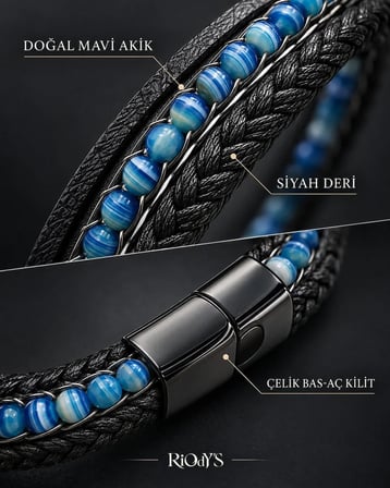 RiOdY'S Agata Blu Erkek Bileklik Doğal Mavi Akik Taşlı Siyah Deri Çelik Kilit