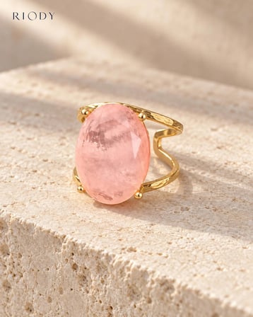 RiODY Regard Rose Gold Kaplama Pembe Kedi Gözü Doğal Taşlı Ayarlanabilir Kadın Yüzük