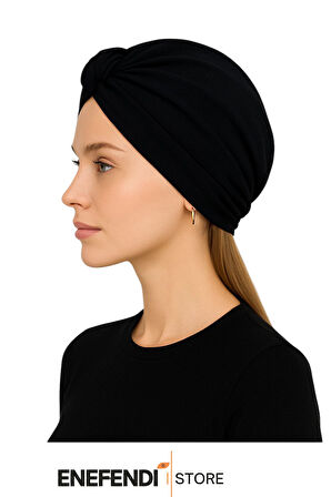 Düğümlü Dış Bone Siyah | Hazır Bağlı Sosyete Yarım Şal Modeli | Tesettür Rahat ve Şık Bone