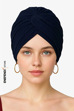 Düğümlü Dış Bone Lacivert | Hazır Bağlı Sosyete Yarım Şal Modeli | Tesettür Rahat ve Şık Bone