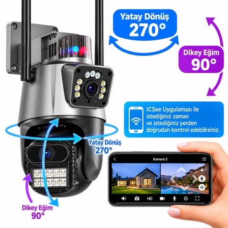 ift Lensli 4MP WiFi Güvenlik Kamerası 360° Hareketli İnsan Takipli Renkli Gece Görüşlü IP66
