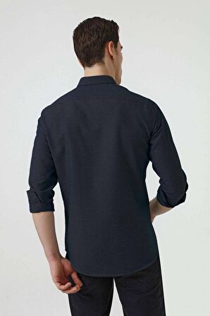 Slim Fit Lacivert Armürlü Düğmeli Yaka Pamuklu Gömlek 5HC02ORT07265