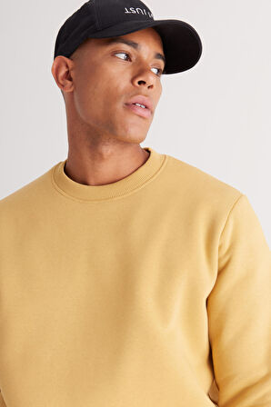 Erkek Hardal Standart Fit Normal Kesim Içi Polarlı 3 Iplik Bisiklet Yaka Pamuklu Sweatshirt