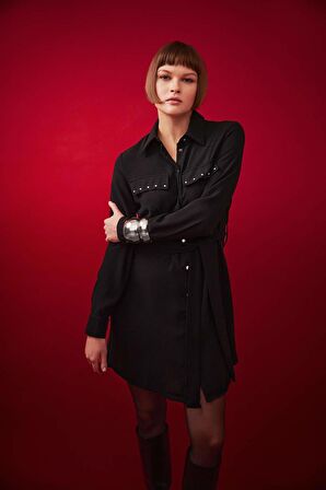 DeFacto Gömlek Yaka Kuşaklı Uzun Kollu Mini Krep Elbise B2021AX23AUBK81