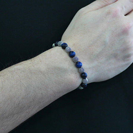 Mavi Kaplangözü Metal Kombinli Küre Kesim Doğaltaş Bileklik