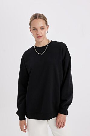 DeFacto Okula Dönüş Oversize Geniş Kalıp Bisiklet Yaka Basic Düz Kalın Sweatshirt Y1346AZ24WNBK81