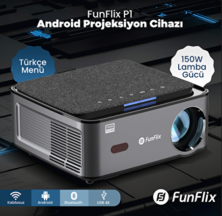 FunFlix P1 Android 4K Destekli Bluetooth 5G Wi-Fi LED Full HD Projeksiyon Cihazı, 150W lamba, 300 inç görüntü