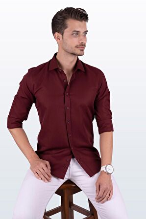 Koyu Bordo Baklava Desenli Slimfit Gömlek