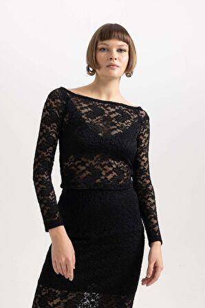 DeFacto Slim Fit Omuzu Açık Uzun Kollu Dantel Tişört B6647AX23WNBK81