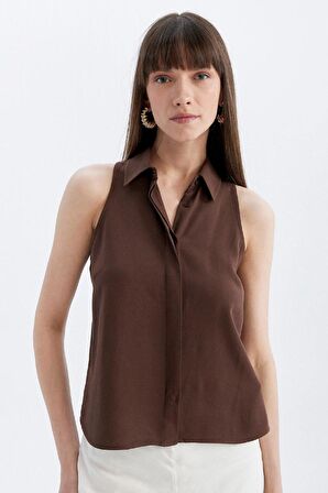 DeFacto Regular Fit Gömlek Yaka Keten Karışımlı Kolsuz Bluz D2952AX24SMBN320
