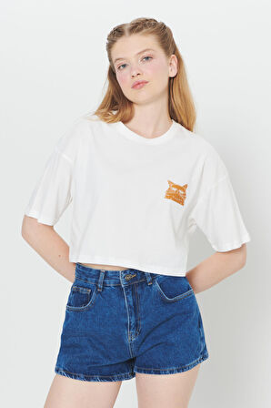 Oversize Fit Bol Kesim %100 Pamuk Bisiklet Yaka Baskılı Crop Tişört