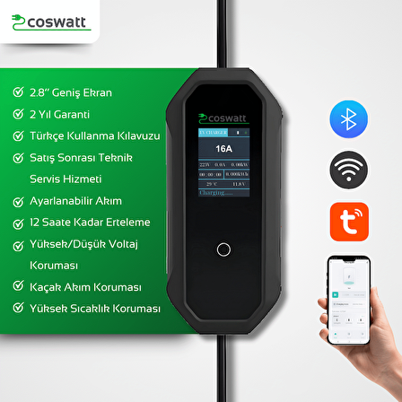 Coswatt Elektrikli Araba Taşınabilir Şarj Cihazı 3.5 kW / 16A / Tip-2 / Ev Tipi Schuko Fiş / Monofaze / 5m / Çantalı