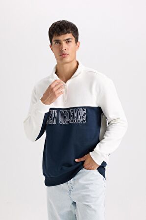 DeFacto Relax Fit Dik Yaka Yarım Fermuarlı Baskılı Kalın Sweatshirt D2169AX24AUER139