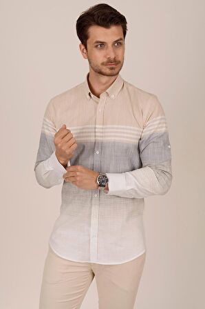 Panolu Bej Gri Slimfit Keten Gömlek