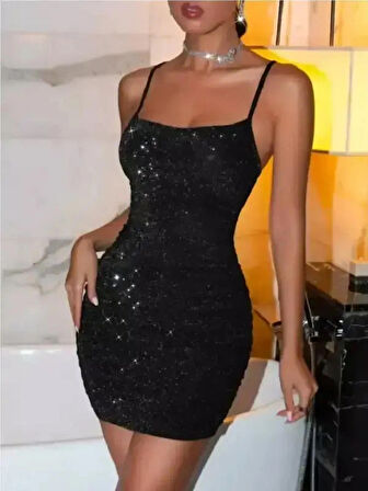 La Pure ❤️ Işıltılı Siyah Mini Gece Elbisesi – Askılı Vücuda Oturan Parti Elbisesi