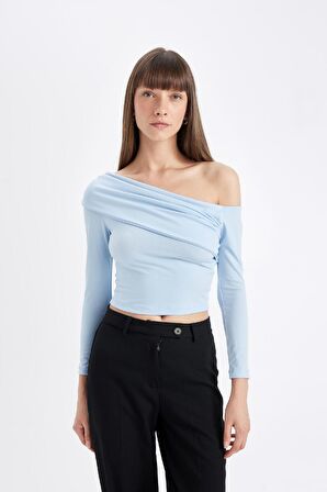 DeFacto Slim Fit Dar Kesim Omuzu Açık Basic Düz Uzun Kollu Bluz D4559AX24AUBE745