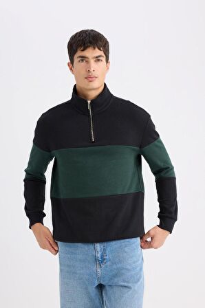 DeFacto Comfort Regular Fit Rahat Kalıp Dik Yaka Fermuarlı Çizgili Kalın Sweatshirt D2401AX24AUBK34