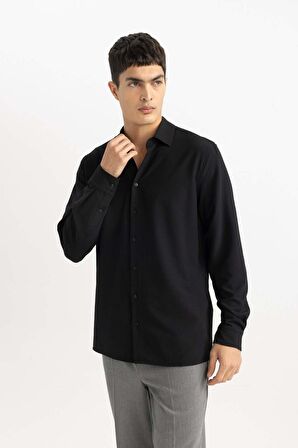 DeFacto Modern Fit Polo Yaka Basic Düz Krinkıl Uzun Kollu Siyah Gömlek B7384AX24SPBK27