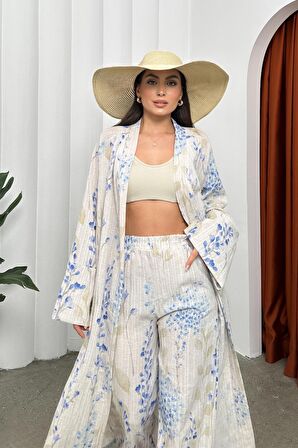 Kadın Desenli Keten Ikili Kimono Takım