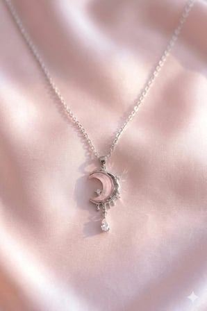 Pembe Ay ve Yıldız Detaylı Gümüş Kaplama Kolye - Kristal Taşlı Ay Işığı Serisi