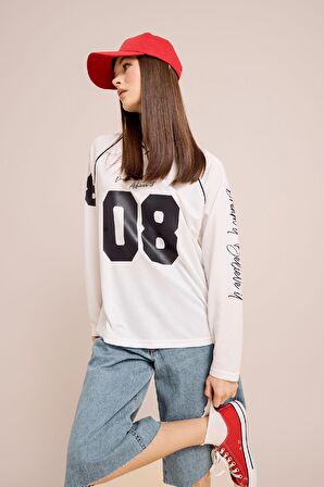 DeFacto Coool Oversize Geniş Kalıp V Yaka Baskılı Forma Kumaşı Uzun Kollu Tişört E5370AX25SMWT32