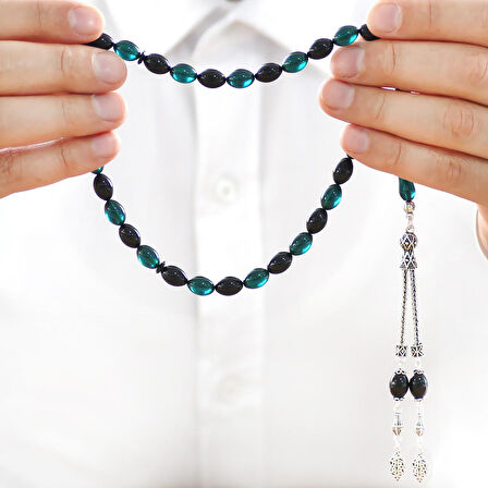 925 Ayar Gümüş Çift Püsküllü Arpa Kesim Turkuaz-Siyah Ateş Kehribar Tesbih