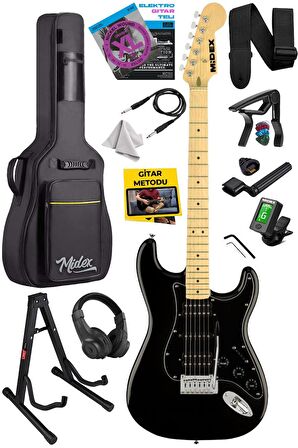 Midex RPH-40BK-ST Full Black Elektro Gitar Seti HSH Manyetik Maple Klavye Üst Kalite