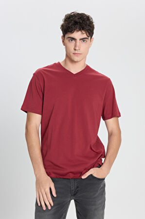 Erkek Bordo Slim Fit Dar Kesim %100 Pamuk V Yaka Kısa Kollu Tişört