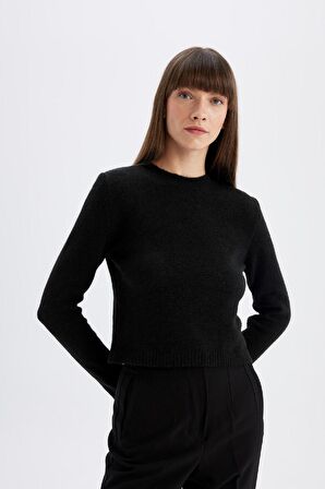 DeFacto Regular Fit Bisiklet Yaka Premium Basic Düz Crop Triko Kazak C9047AX24WNBK27