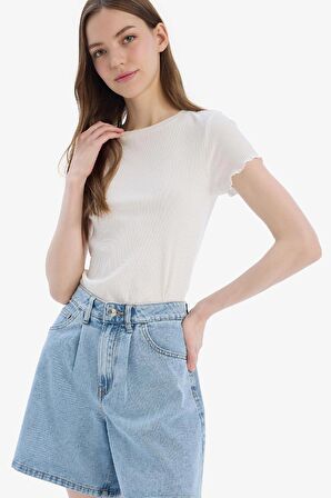 Fitted Bisiklet Yaka Basic Düz Fitilli Kaşkorse Kısa Kollu Tişört