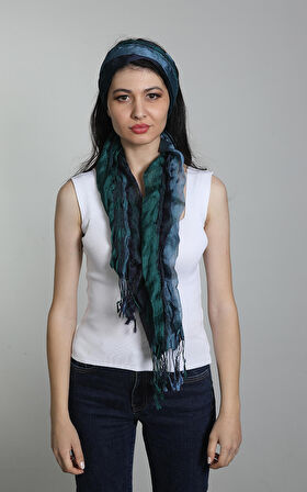 Mavi-Koyu Yeşil Renkli İpekli Polyester Şal