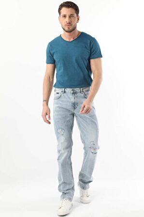 Erkek Dizi Yırtık Jean Pantolon Açık Mavi