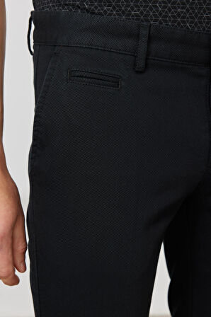 Erkek Siyah Slim Fit Dar Kesim Yan Cepli Pamuklu Esnek Armürlü Pantolon