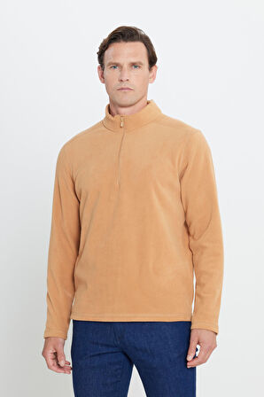 Erkek Karamel Anti-pilling Tüylenme Yapmayan Standart Fit Bato Yaka Soğuk Geçirmez Polar Sweatshirt