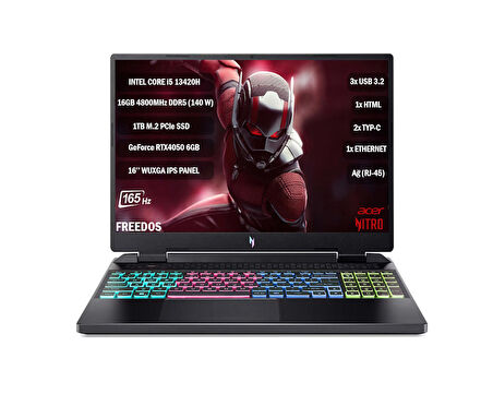 ACER Nitro AN16 İ5-13420H 16GB 1TBSSD RTX4050-6GB 16''WUXGA IPS 165Hz NVIDIAG-SYNC FDOS NH.QJMEY.005